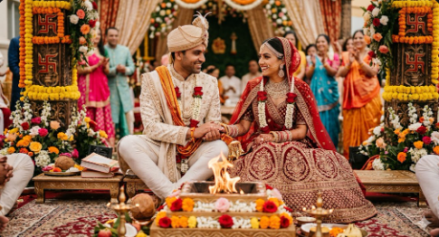 Traditional Hindu wedding — bride and groom in wedding attire at the sacred mandap